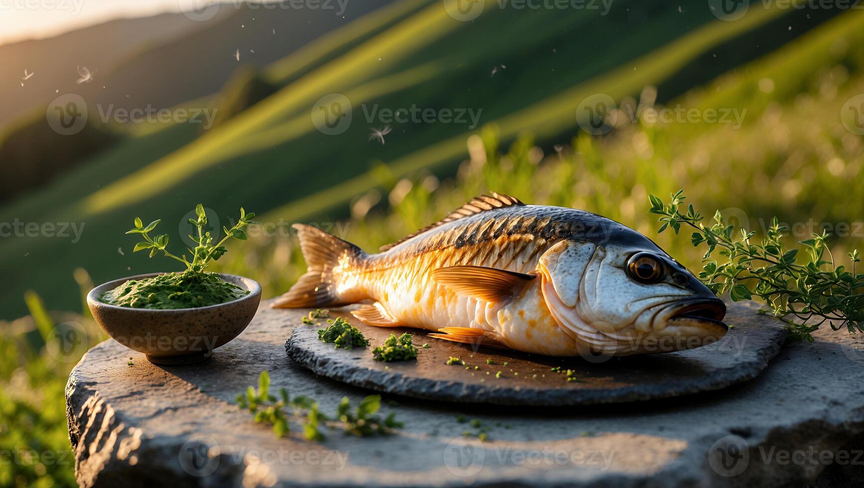 Prepared Fish Displayed Outdoors with Green Hills and Sunset Light photo