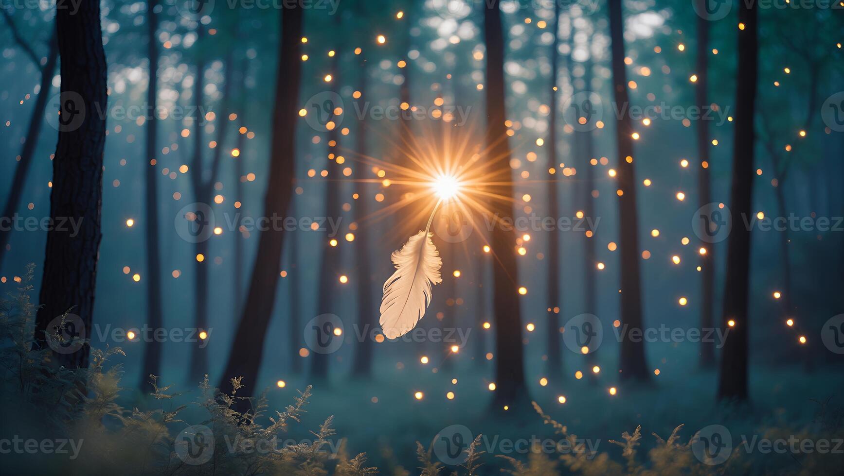Floating Feather in Forest with Glowing Lights and Misty Ambiance photo