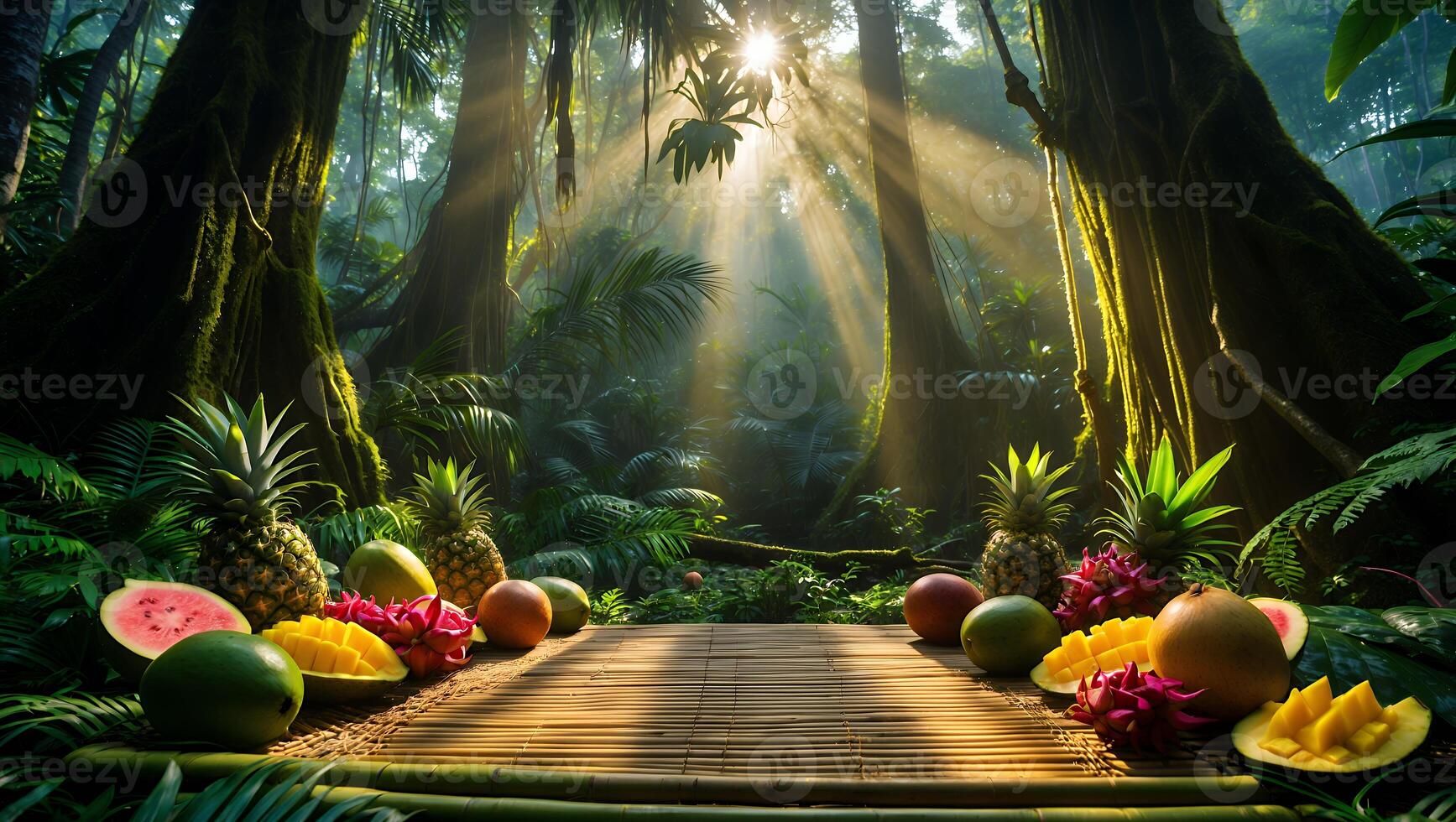 Tropical Fruit Display in Rainforest with Sunlight and Bamboo Table photo