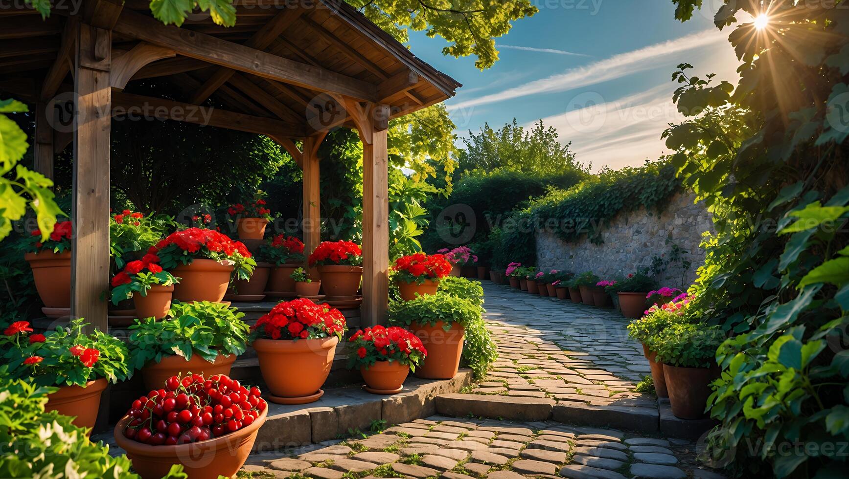 Walking on Garden Path with Flowering Plants in Pots and Sun photo