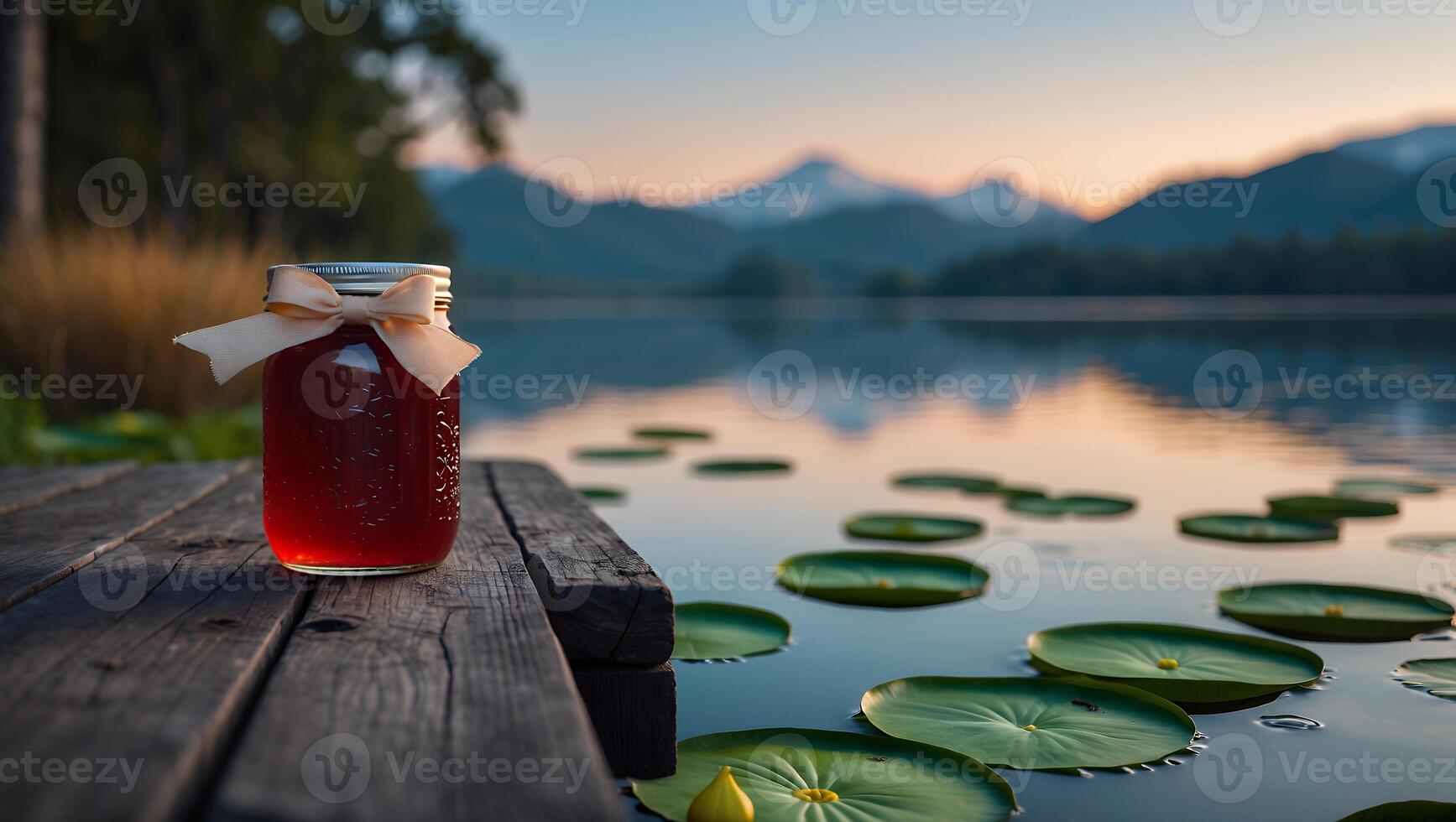 Jar of Red Jam on Dock Overlooking Lake at Sunset photo