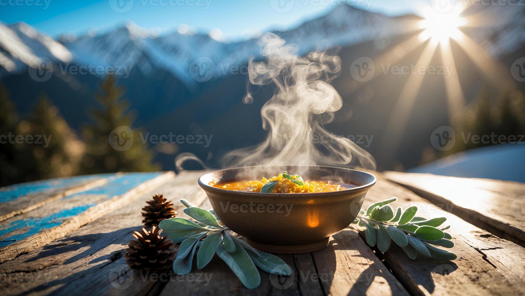 Enjoying Hot Soup Outdoors with Snowy Mountain Backdrop on Sunny Day photo