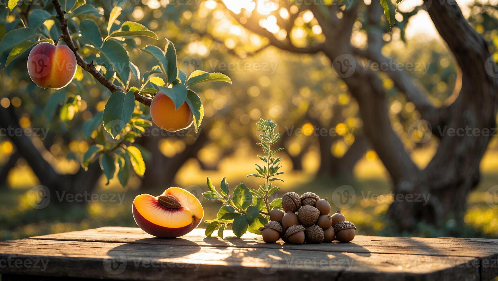 Peaches and Acorns on a Rustic Table in Golden Light photo