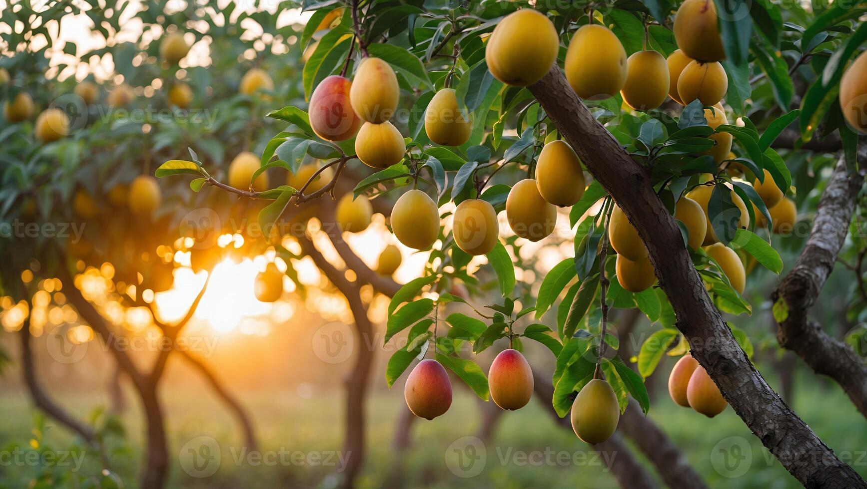 Ripe Plums Hanging From Tree Branches in Orchard at Sunset photo