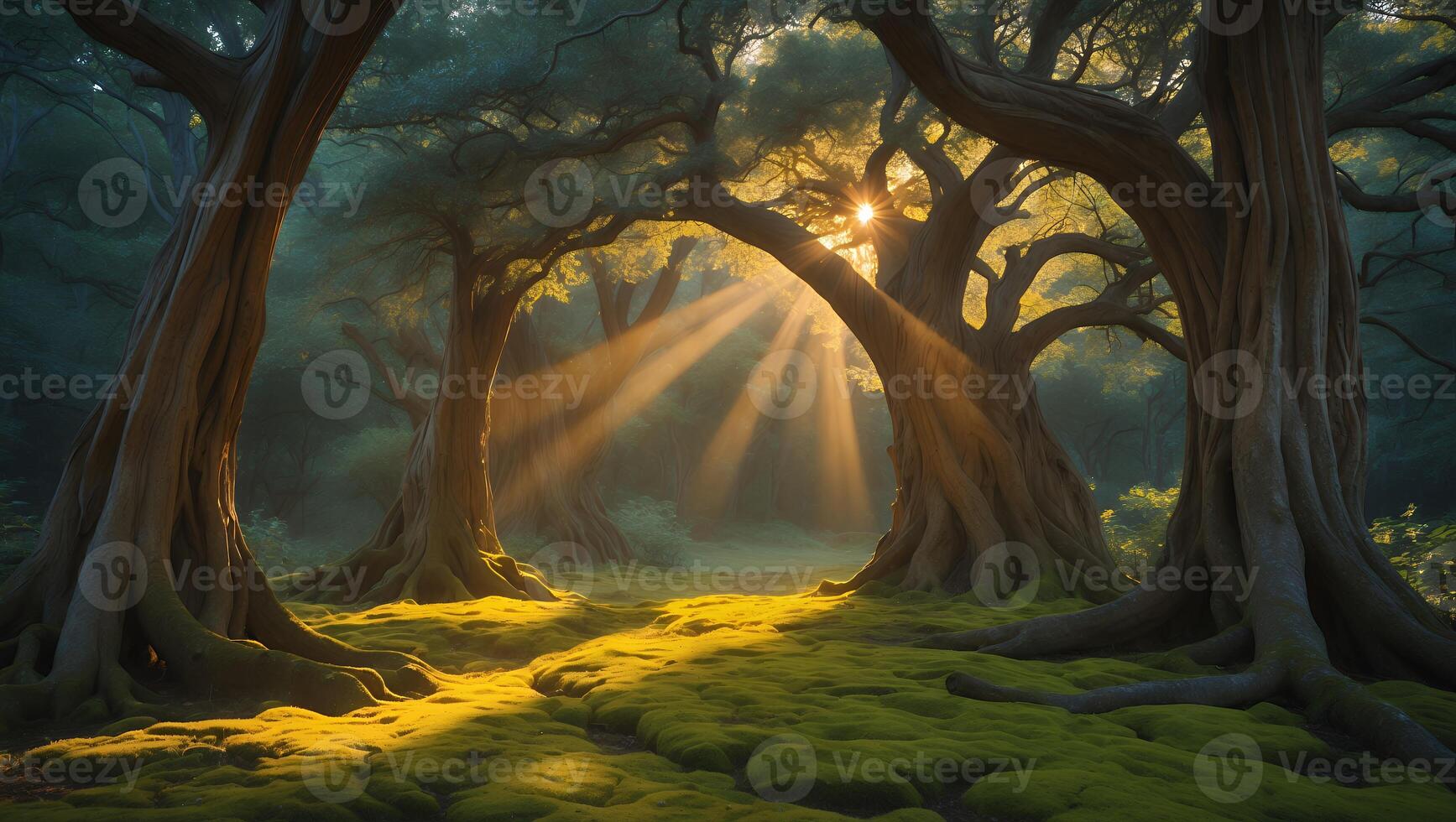 A forest with trees and mossy ground photo