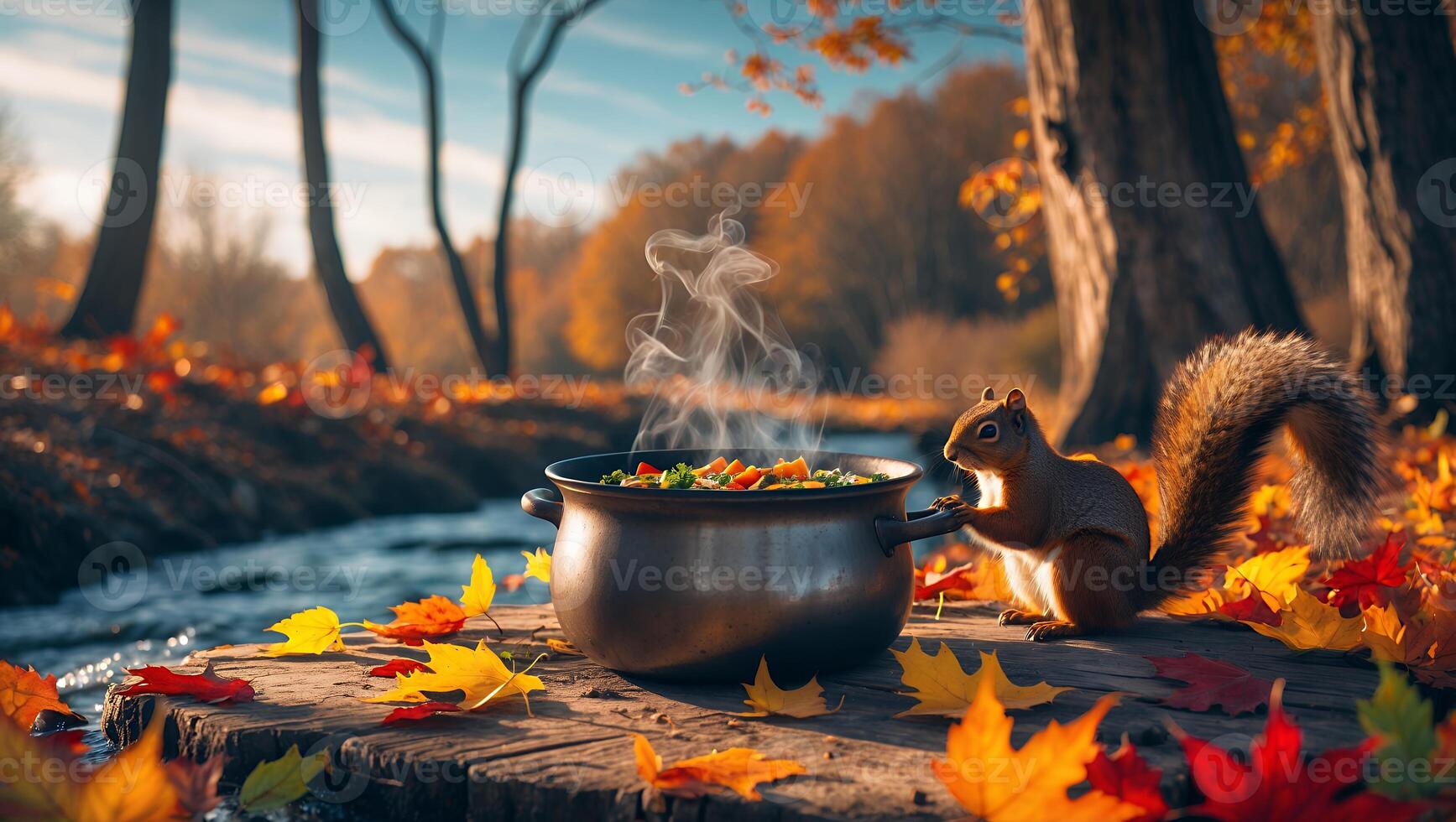 Squirrel Cooking in Autumn Forest with Pot and Steaming Food photo