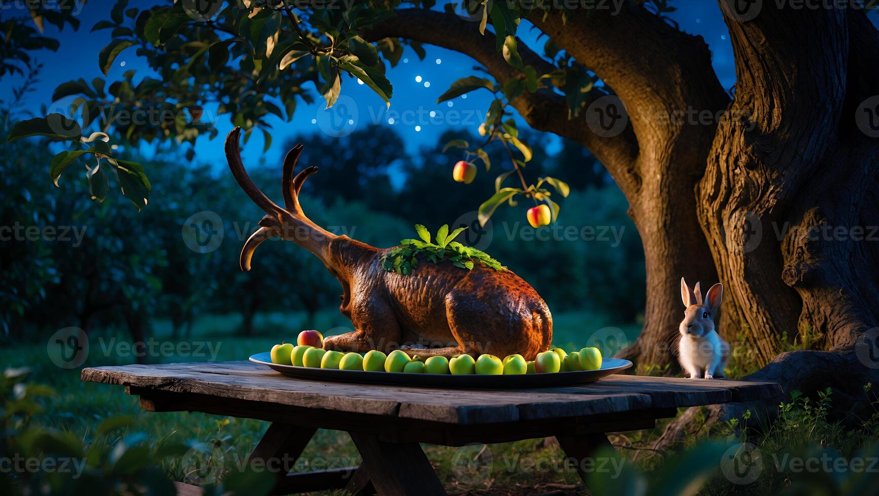 Whimsical Dinner Table Setting with Roast Animal and Rabbit Underneath Tree photo