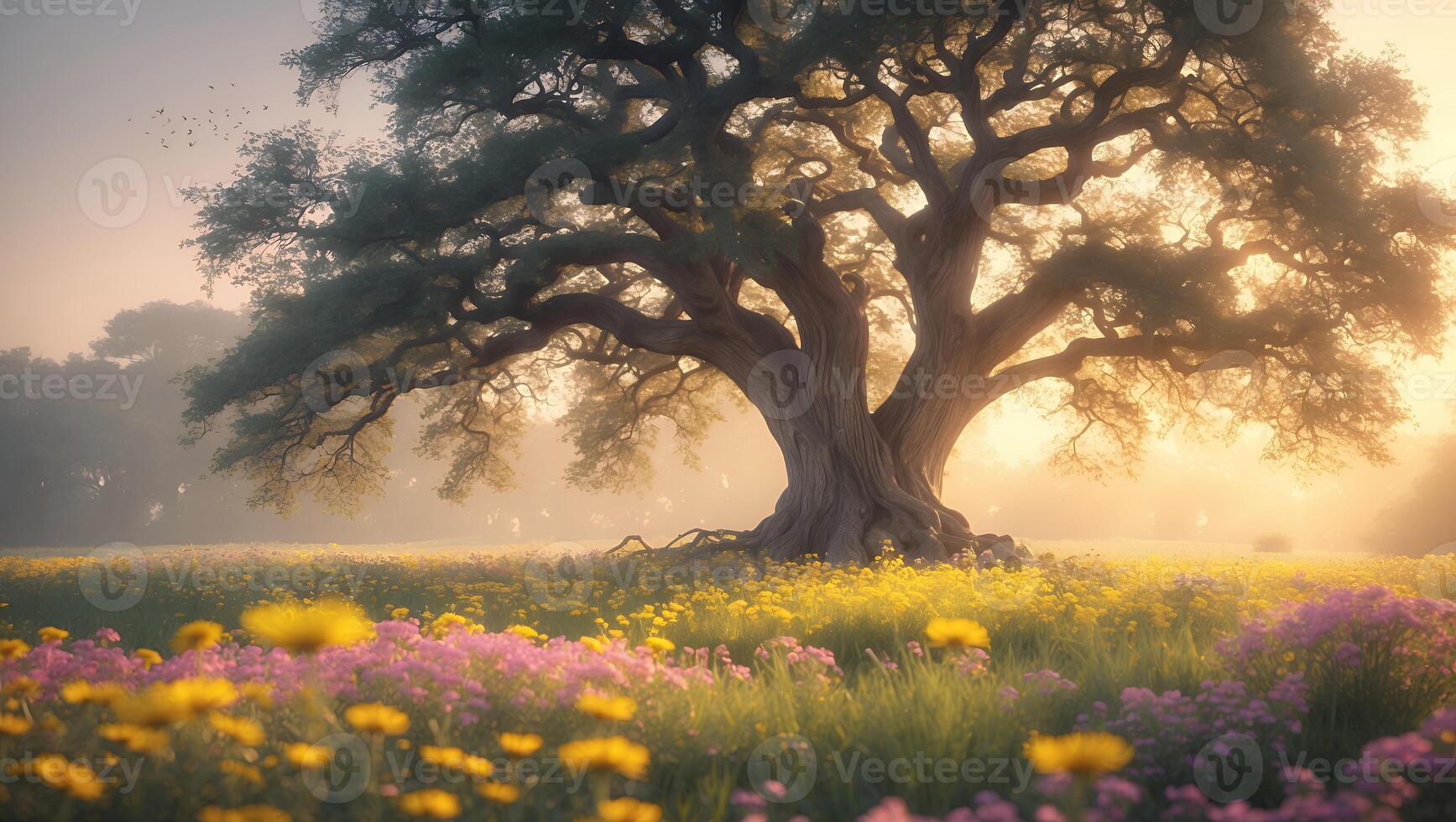 Majestic Old Tree Standing in a Meadow of Spring Flowers photo