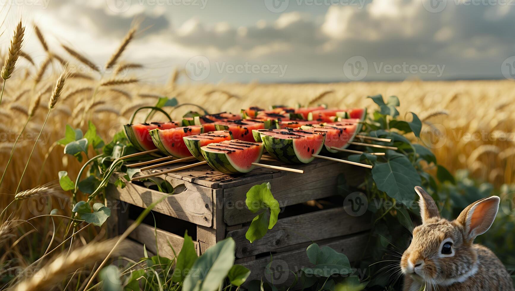 Preparing Watermelon Skewers in Wheat Field with Rabbit Watching photo