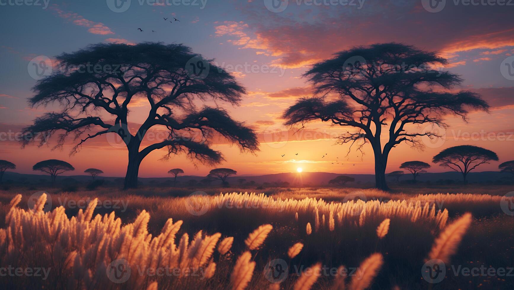 African Savannah Landscape at Dusk with Silhouetted Trees and Golden Grass photo