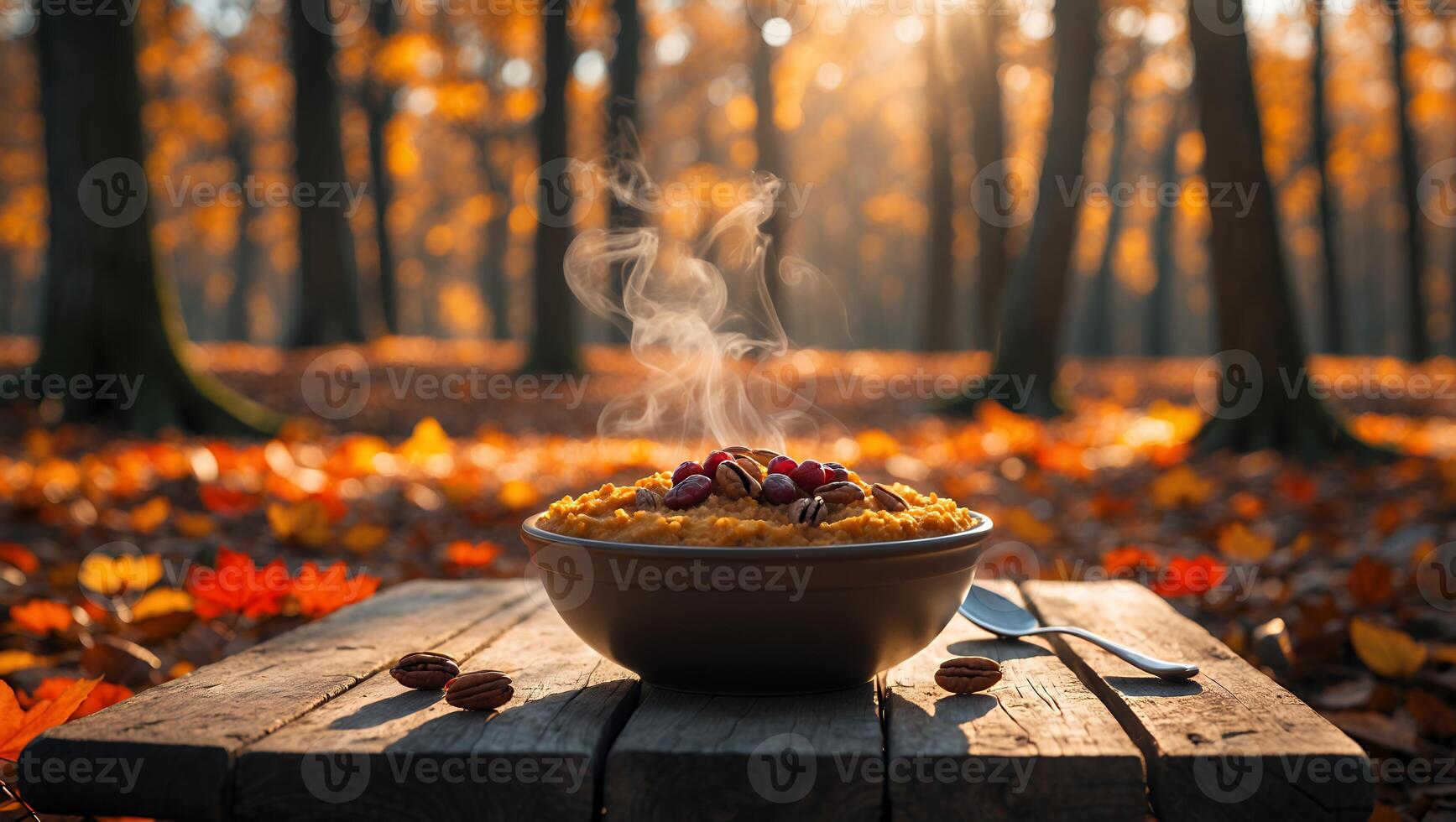Hot Cereal with Nuts and Berries in Autumn Forest Scene photo