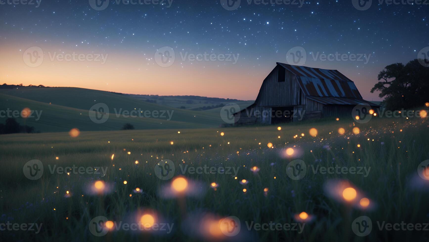 Old Barn in Field with Fireflies at Dusk Under Starry Sky photo