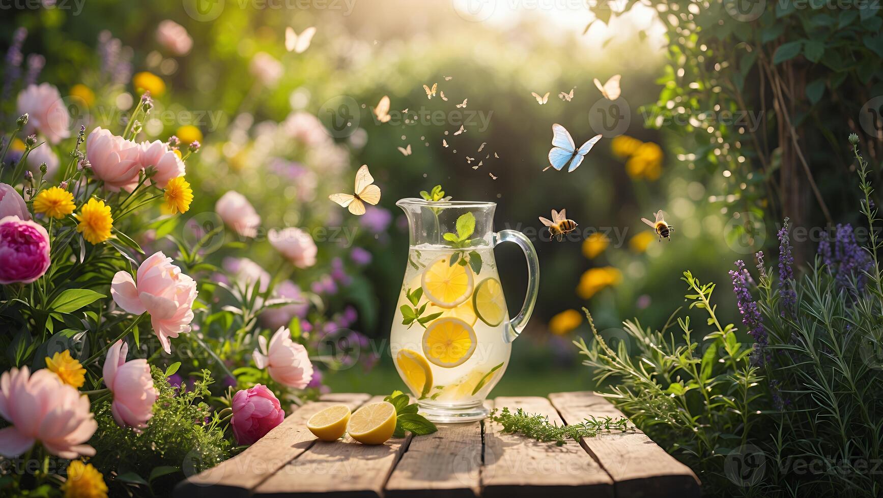 Serving Refreshing Lemonade Outdoors on Wooden Table with Flower Garden photo