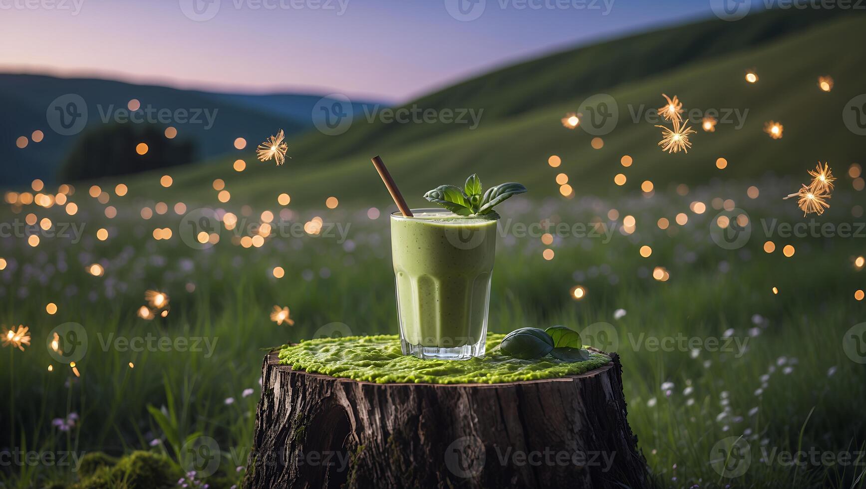 Green Smoothie Drink on a Tree Stump in an Open Field photo