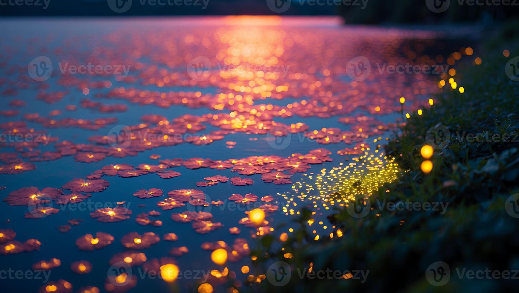 Glowing Light Display on Water with Lily Pads and Shore photo
