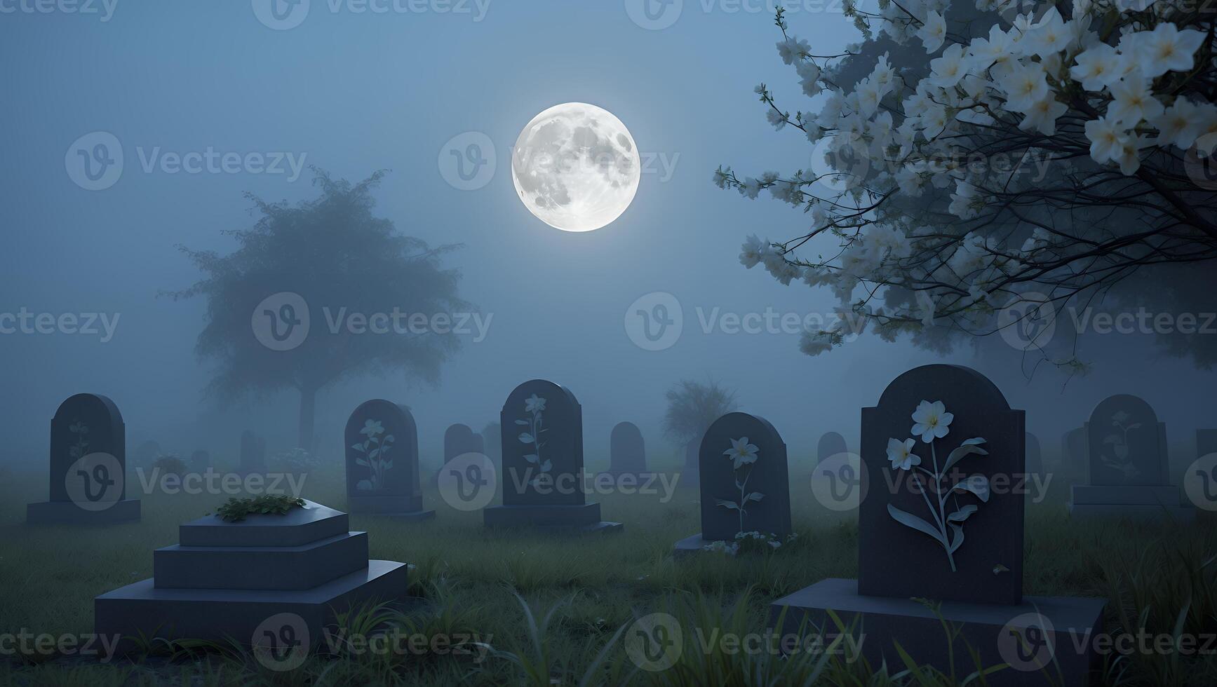 Tombstones Under Full Moon in Misty Graveyard with Flowering Tree photo
