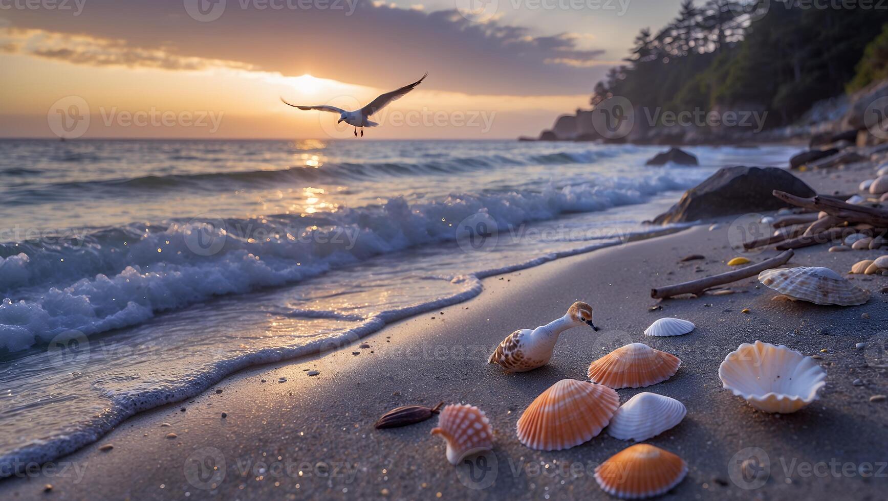 Seashore at Sunset with Flying Bird and Seashells on the Sand photo