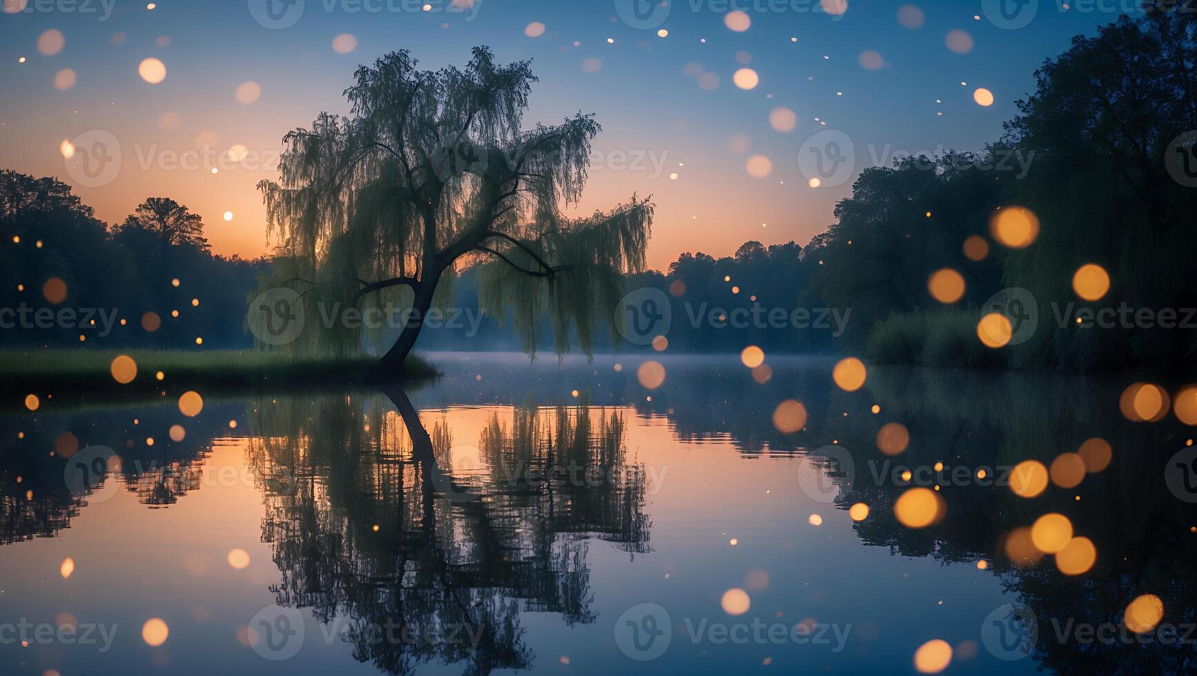 Willow Tree Reflecting in Calm Lake at Dusk with Bokeh Lights photo