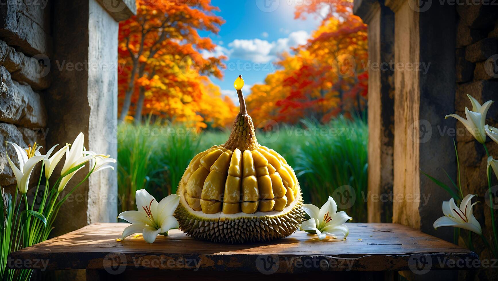 Durian Fruit Presentation with Autumn Scenery and Flowers on Table photo