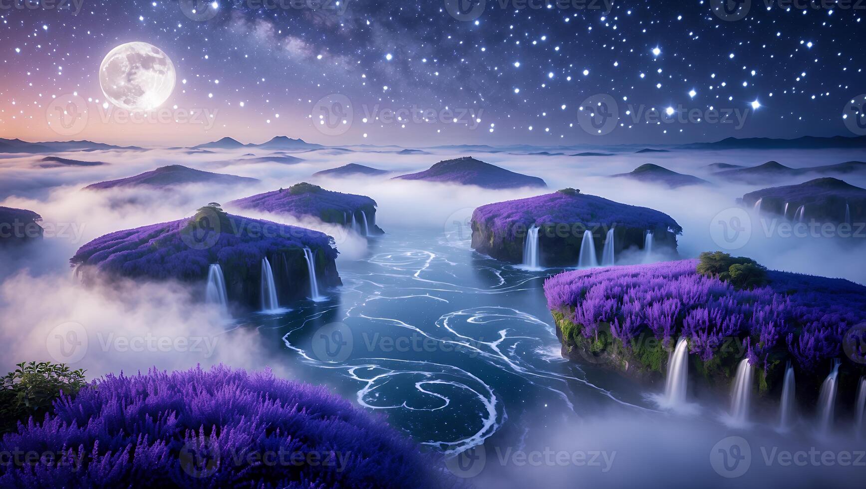 Magical Islands with Waterfalls Under Starry Sky and Full Moon photo
