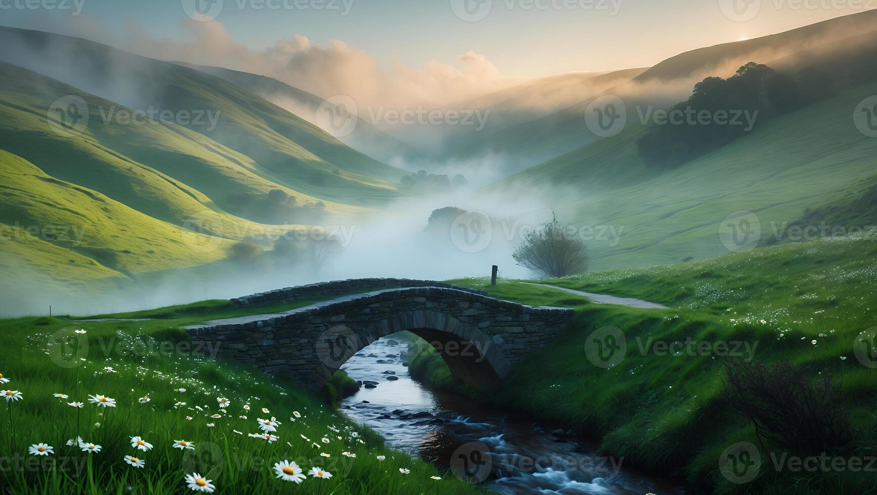 Stone Bridge Across Stream in Foggy Valley with Flower Meadow photo