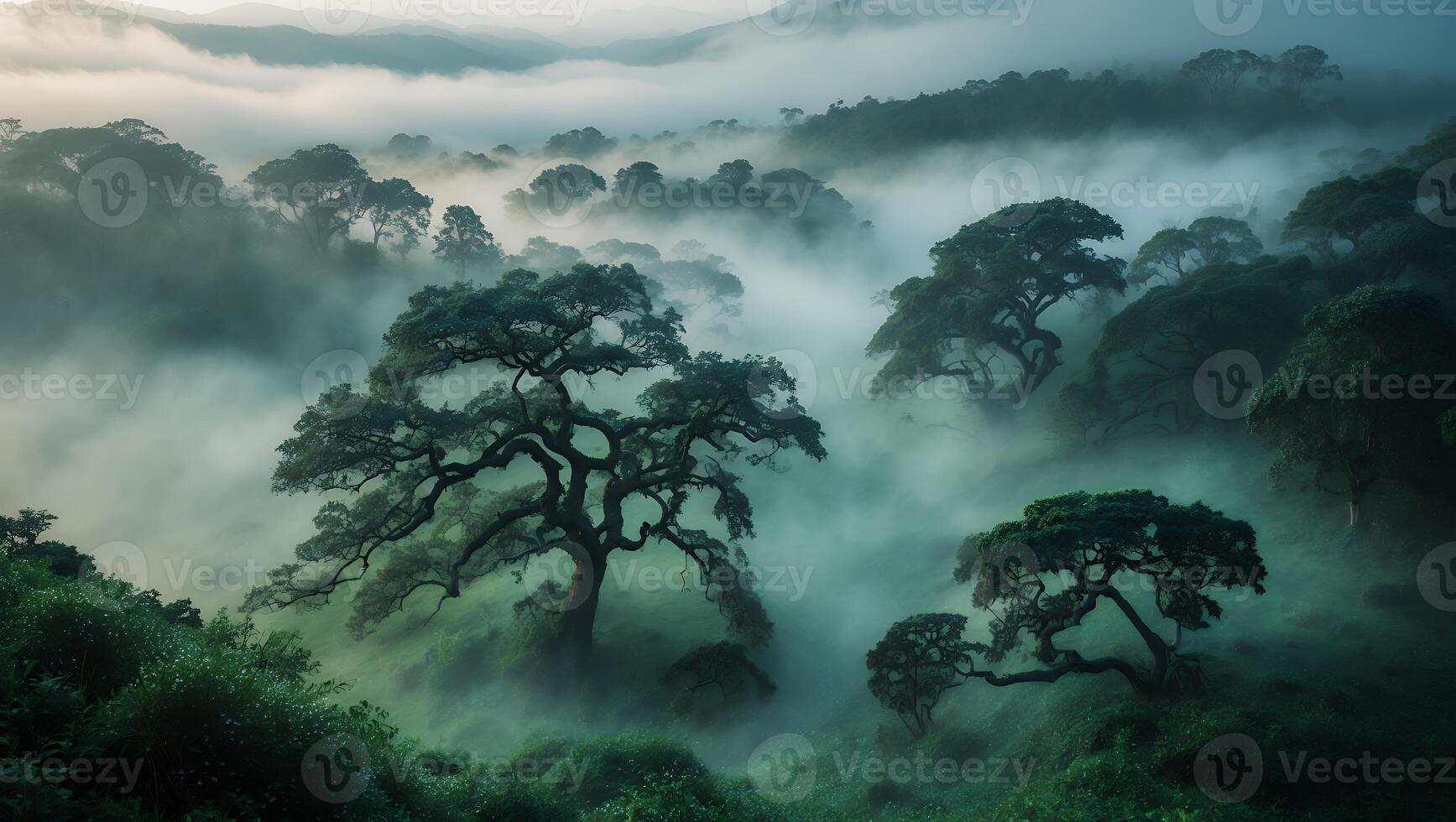 Fog Rolling Through Lush Green Forest with Tall Trees Landscape photo