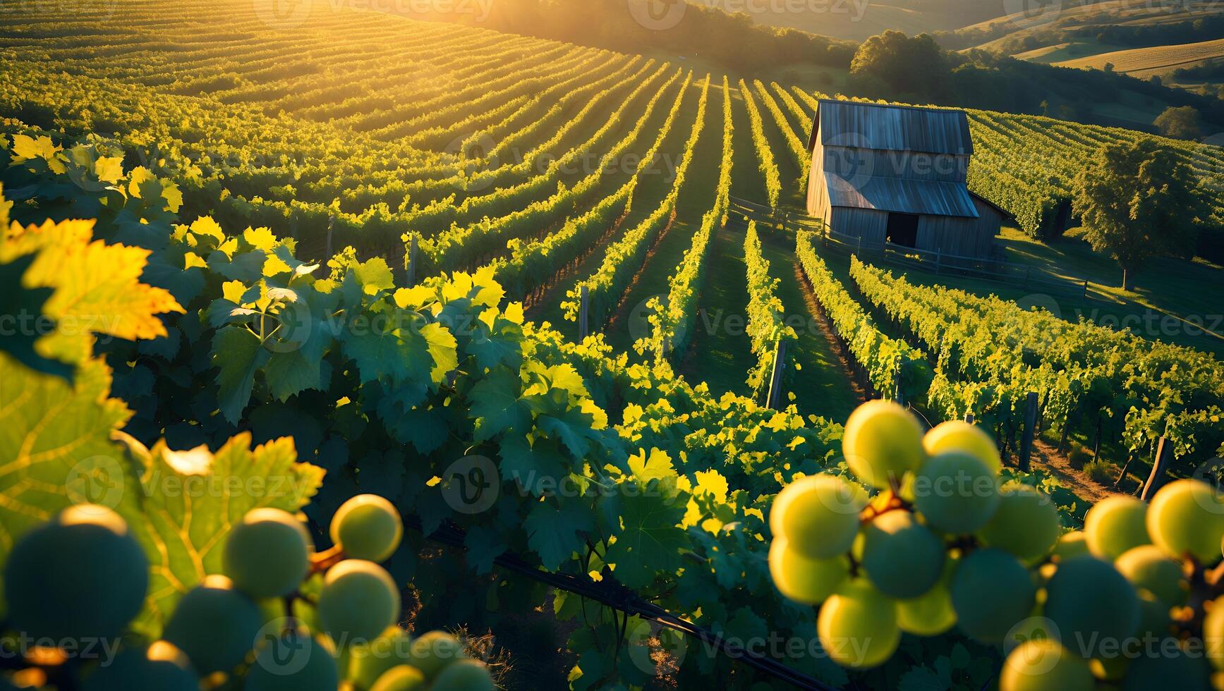Vineyard Rows and Barn Landscape at Golden Hour with Green Grapes photo
