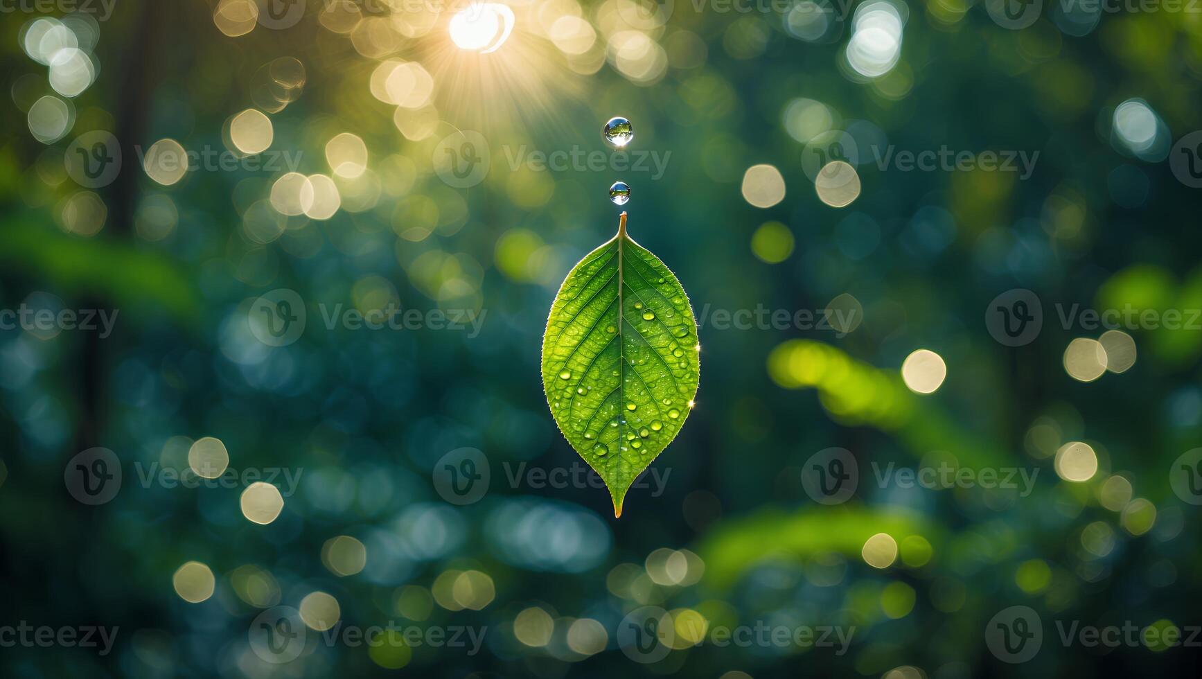 Dropping Water Onto Green Leaf in Forest with Bokeh Lights photo