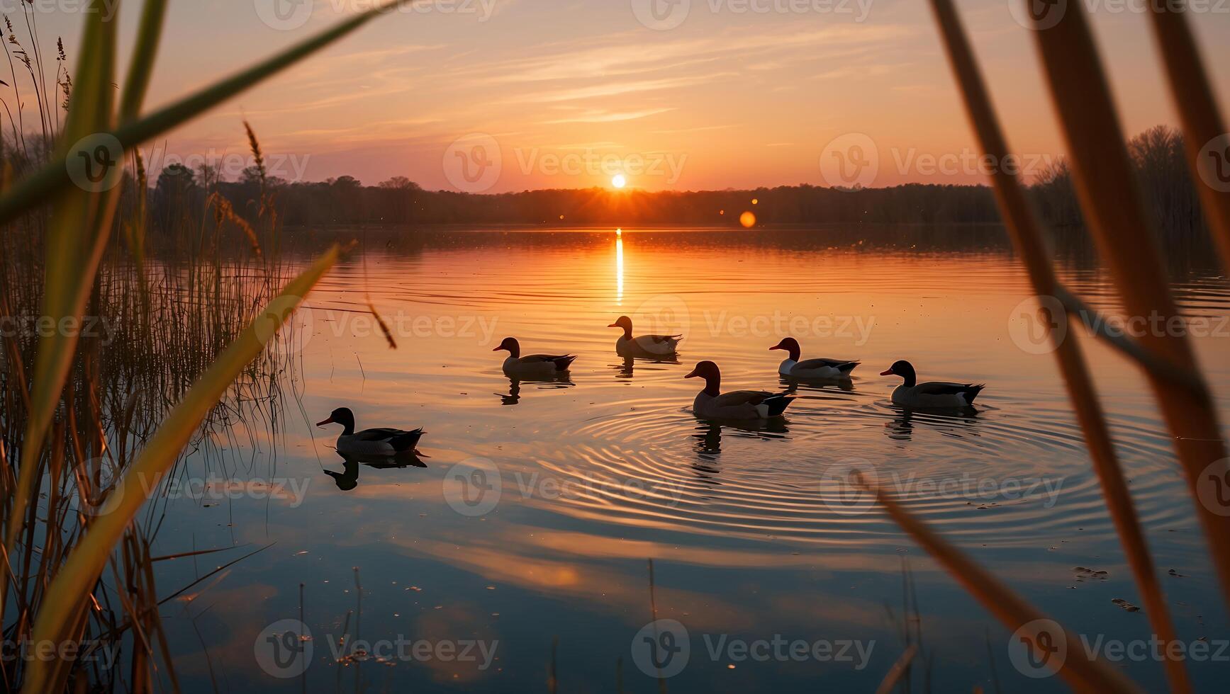 Ducks Swimming Calmly on Lake at Sunset with Reflections and Reeds photo