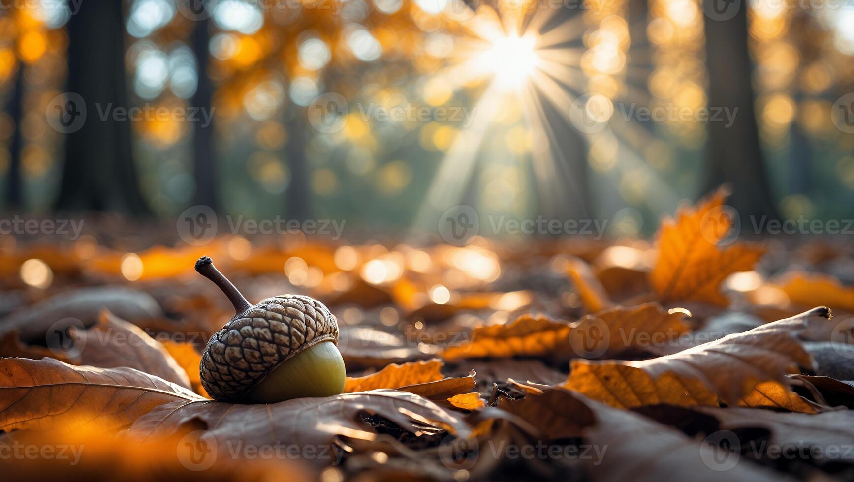 Acorn Resting on Fallen Autumn Leaves in Warm Sunlight Forest photo