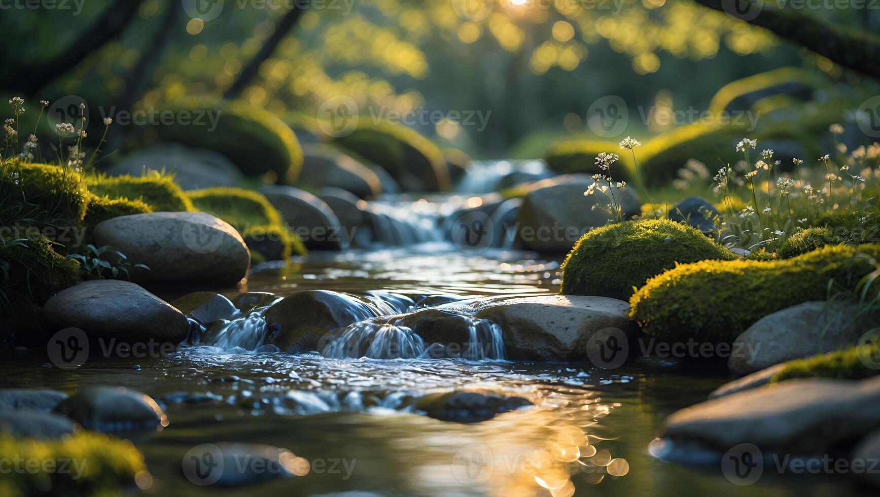 Gentle Stream Flowing Through Mossy Rocks in Sunny Forest Scene photo