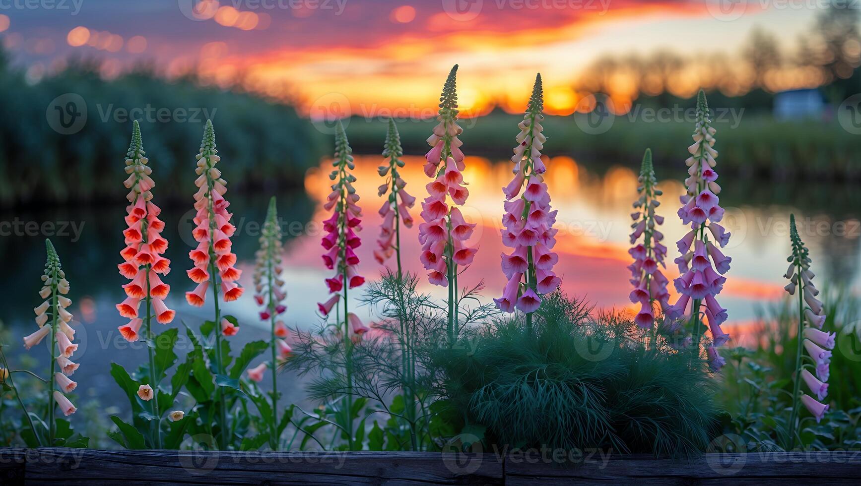Foxglove Flowers Reflecting Sunset Colors on the Water's Surface photo