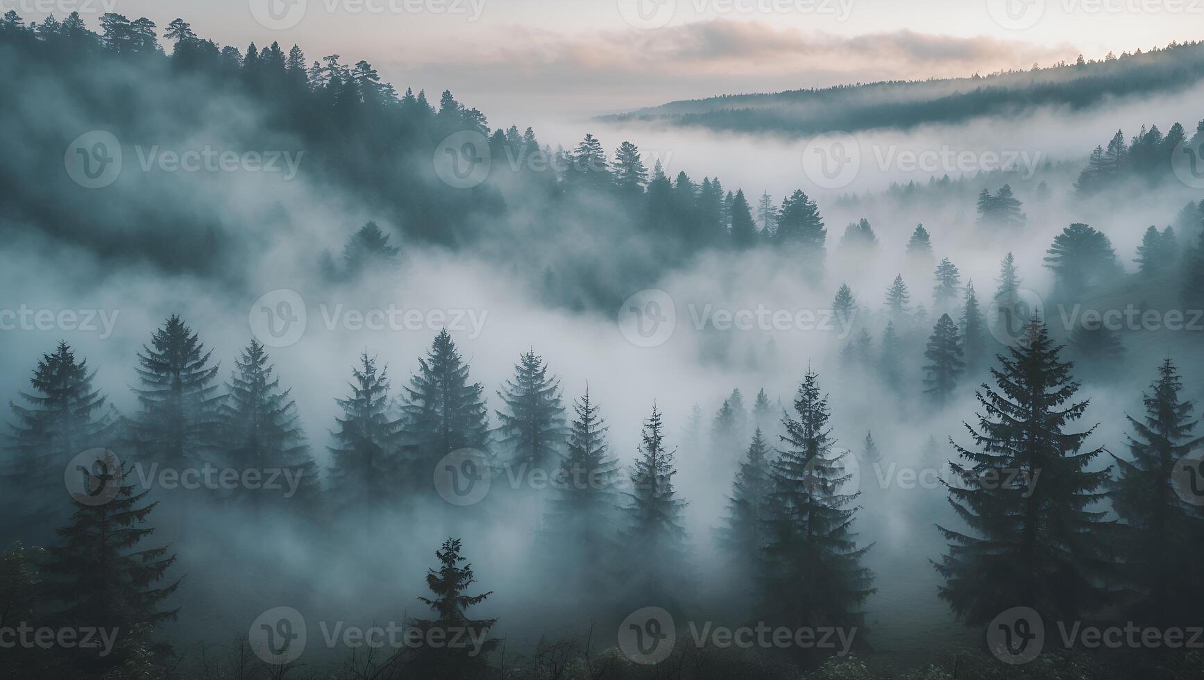 Fog Rolling Through Pine Forest on Mountain at Dusk Landscape photo