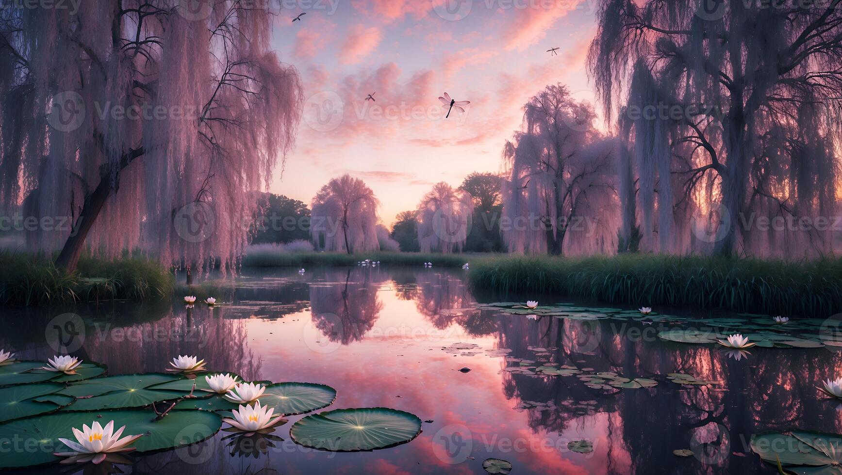 Calm Lake with Lily Pads and Weeping Willow Trees at Sunset photo