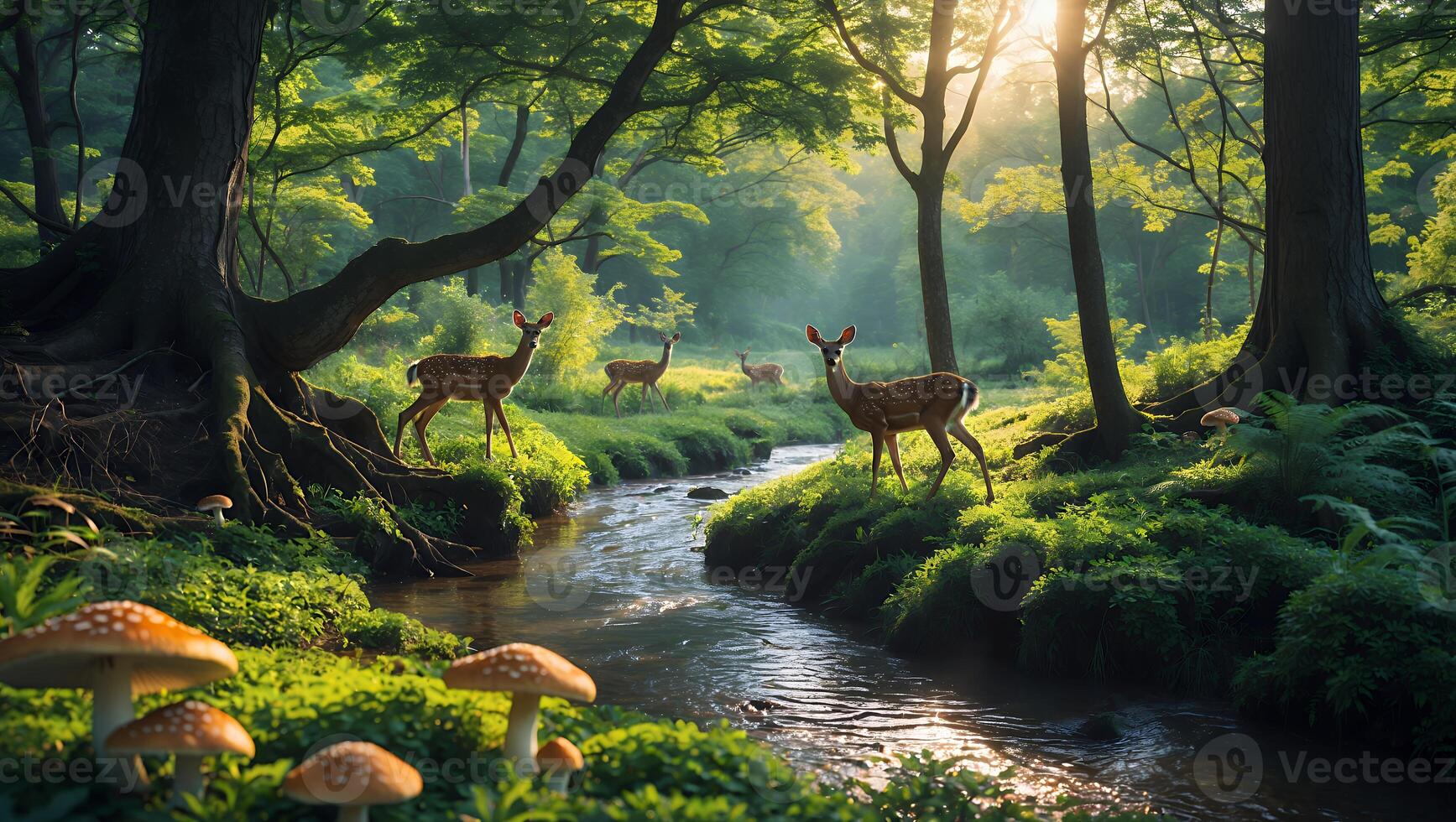 Deer Relaxing by a Stream in Lush Green Forest Scenery photo