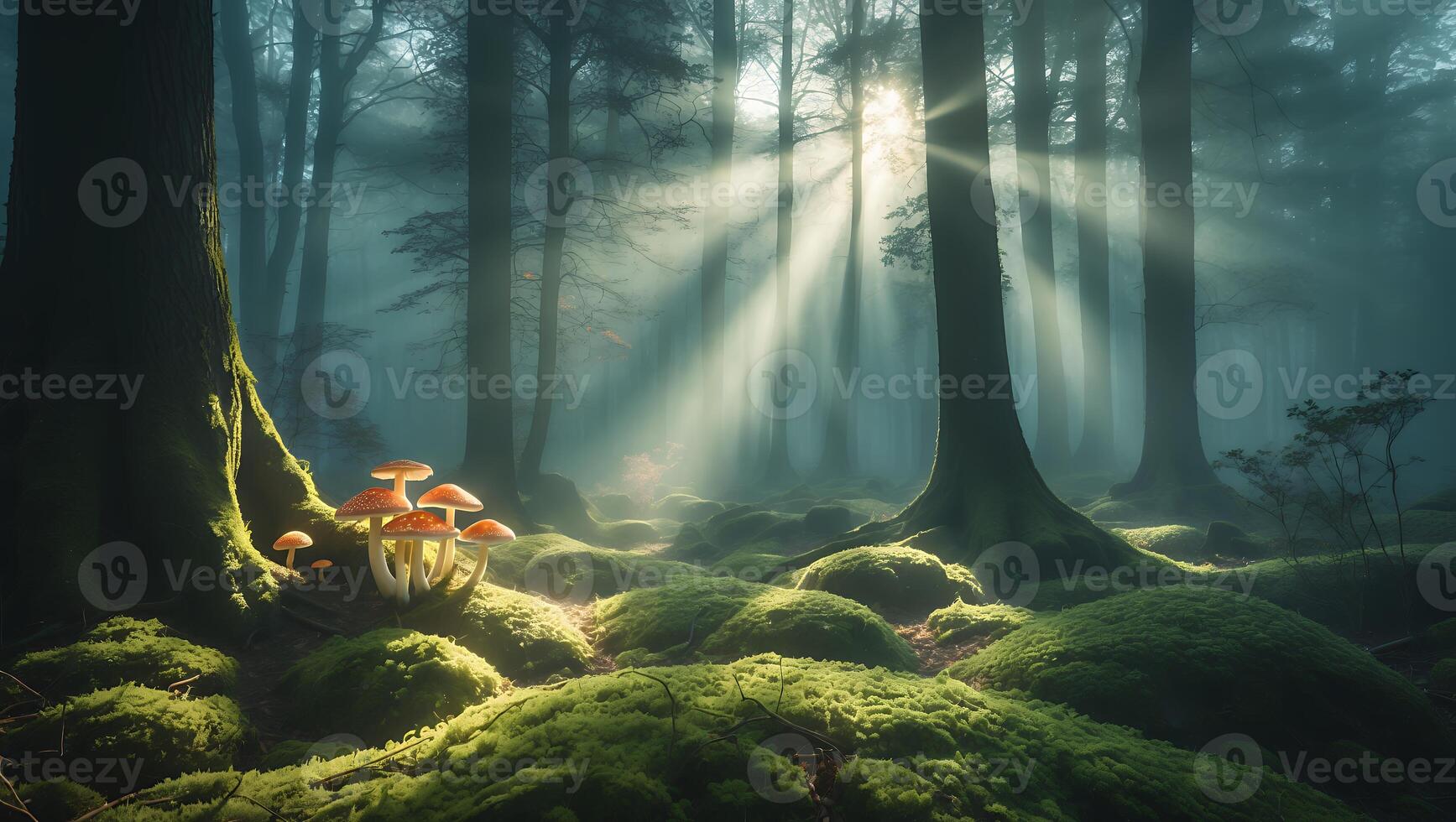 Sunlight Streaming Through Forest Trees Illuminating Mossy Ground with Mushrooms photo