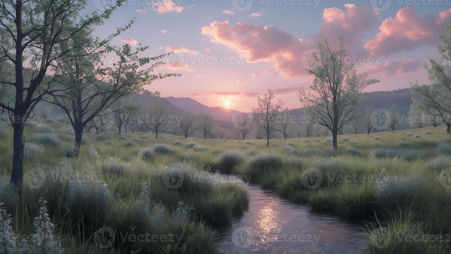 Peaceful Meadow Stream at Sunset with Trees and Mountain View photo