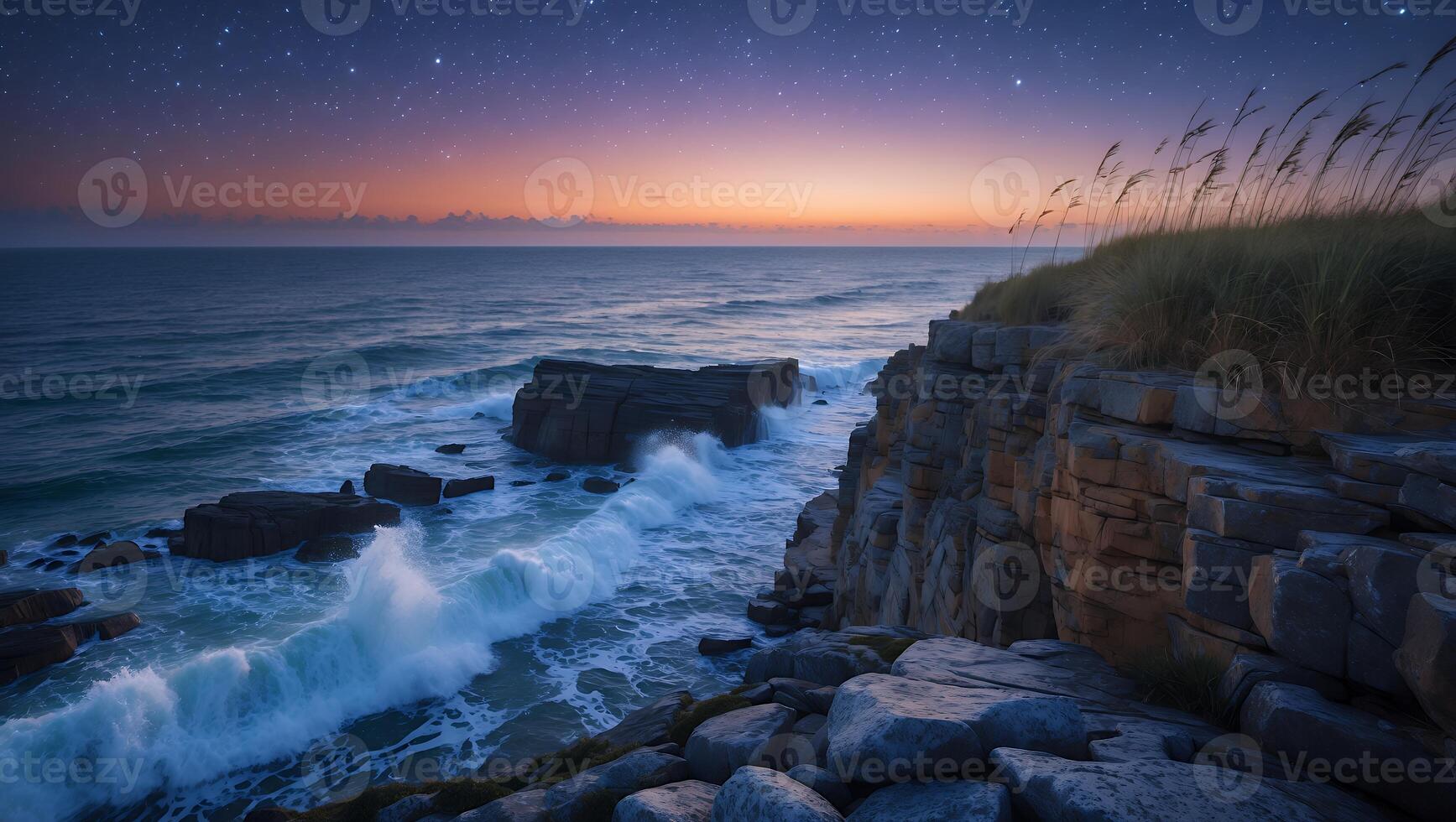 Waves Crashing on Rocky Coastline Under Starry Night Sky photo