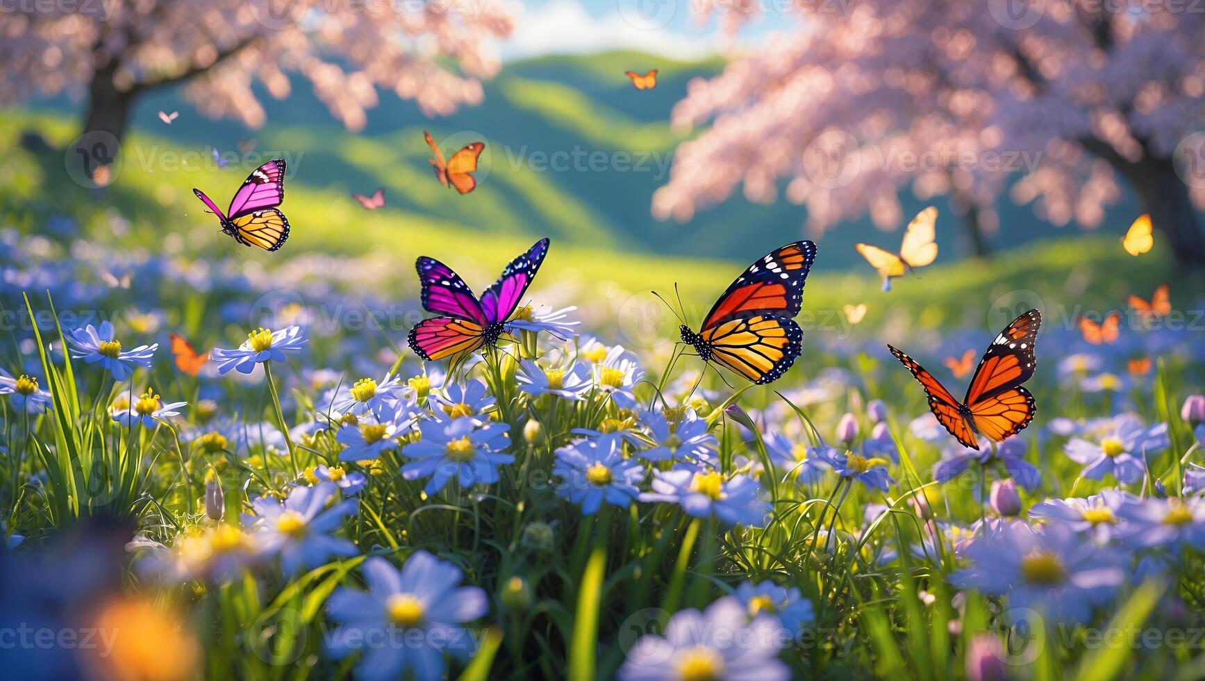 Butterflies Fluttering Above Meadow of Blue Flowers in Springtime photo