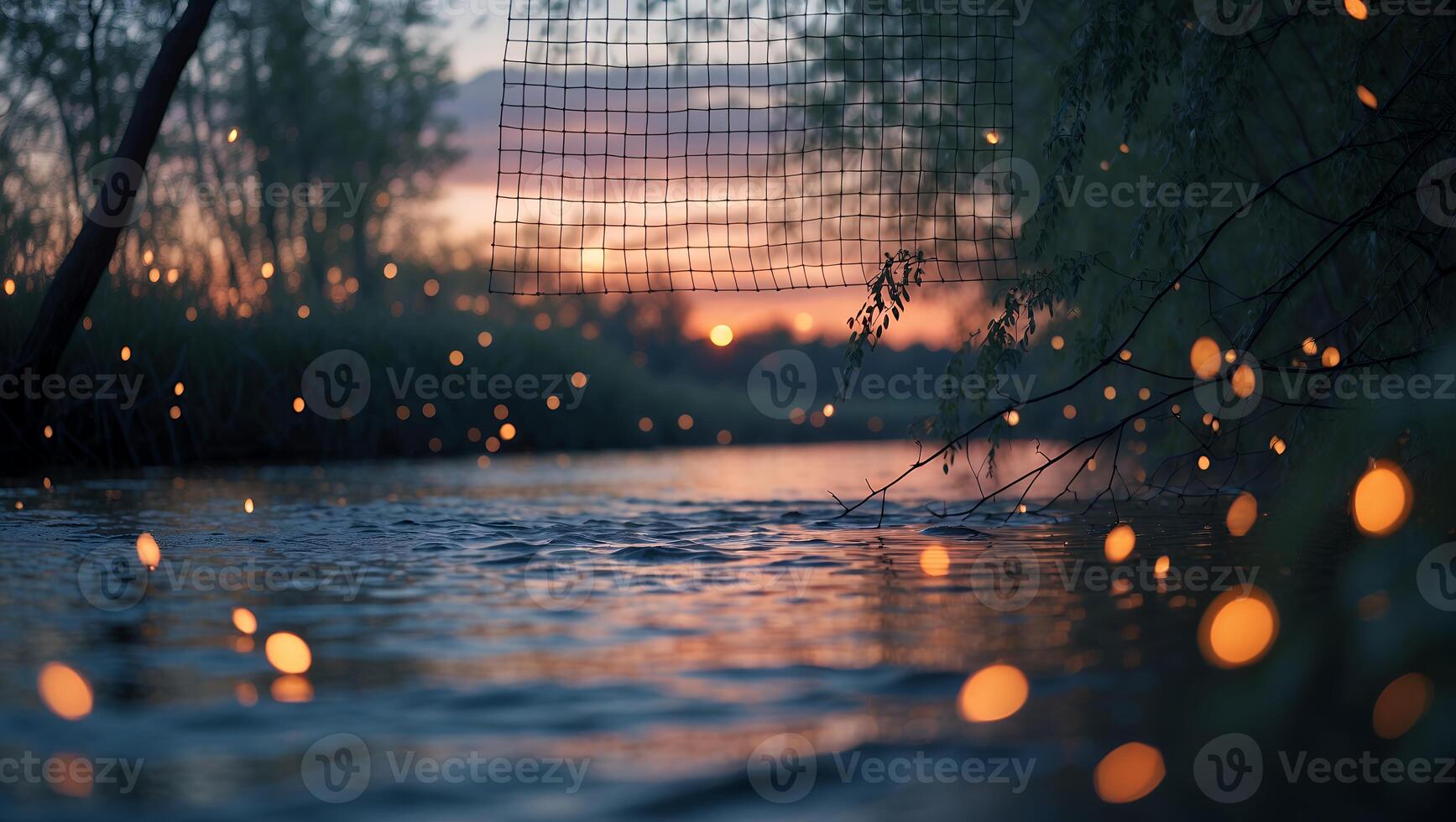 Tranquil River Scene with Bokeh Lights and Sunset Glow photo