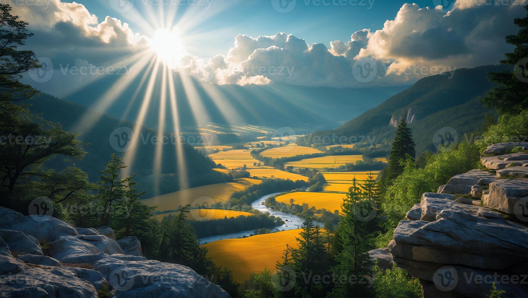 Scenic Valley View with River and Sun Rays Through the Clouds photo