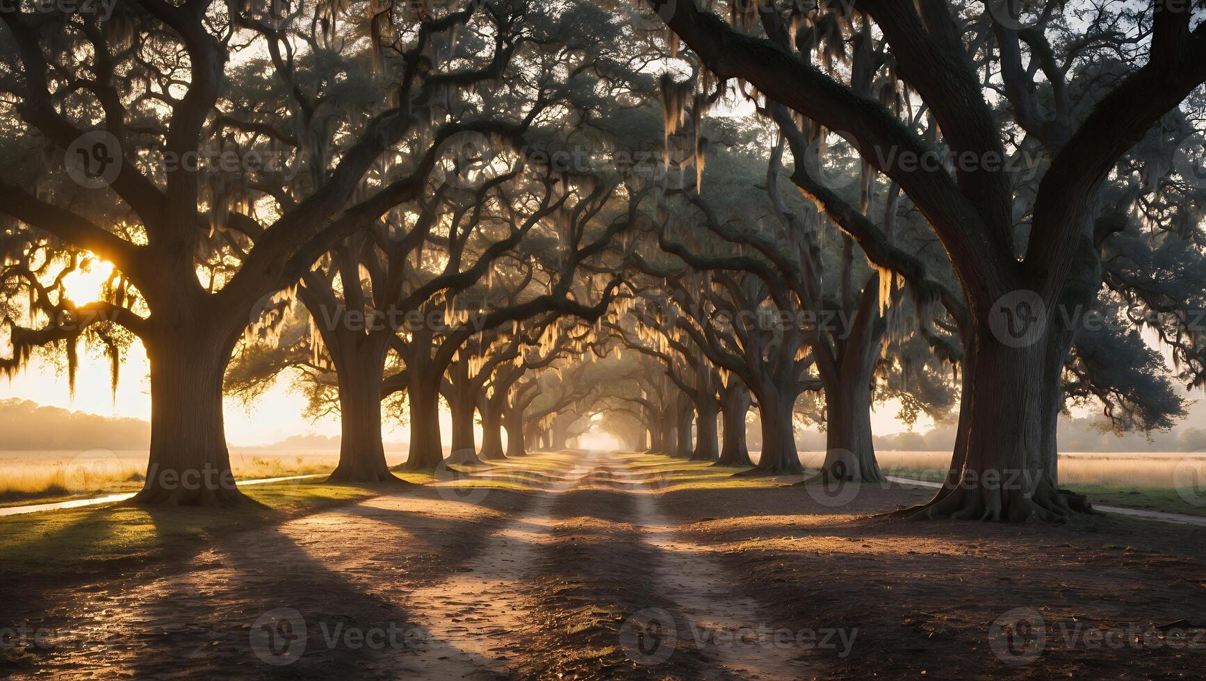 Tree-lined Path with Sunlight Shining Through Branches and Spanish Moss photo