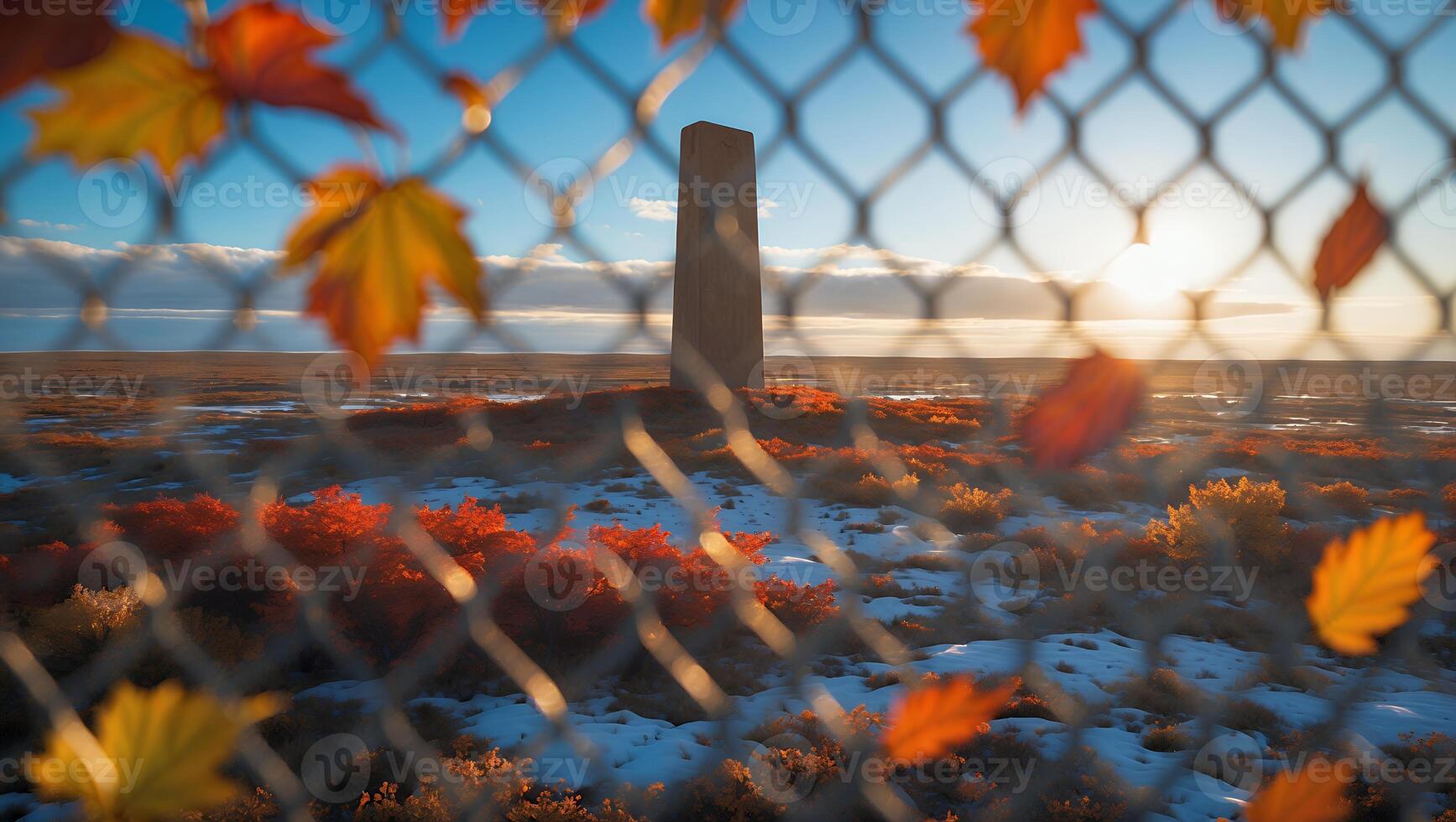 Viewing Monument Through Fence with Autumn Leaves on Snowy Landscape photo