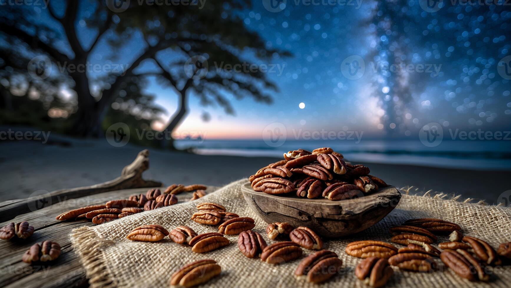 Pecan Nuts in Wooden Bowl on Burlap by Beach at Night photo