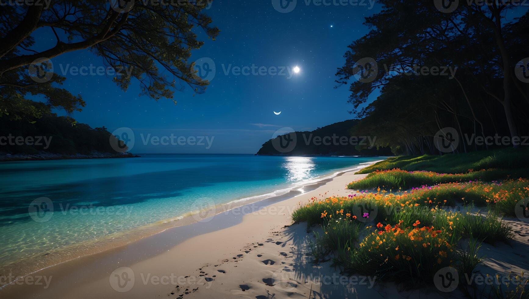 Walking Sandy Beach at Night Under Moon and Stars with Flowers photo