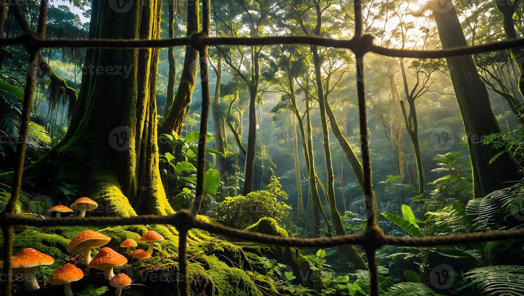 Exploring Enchanted Forest with Mushrooms and Lush Greenery Through Natural Net photo