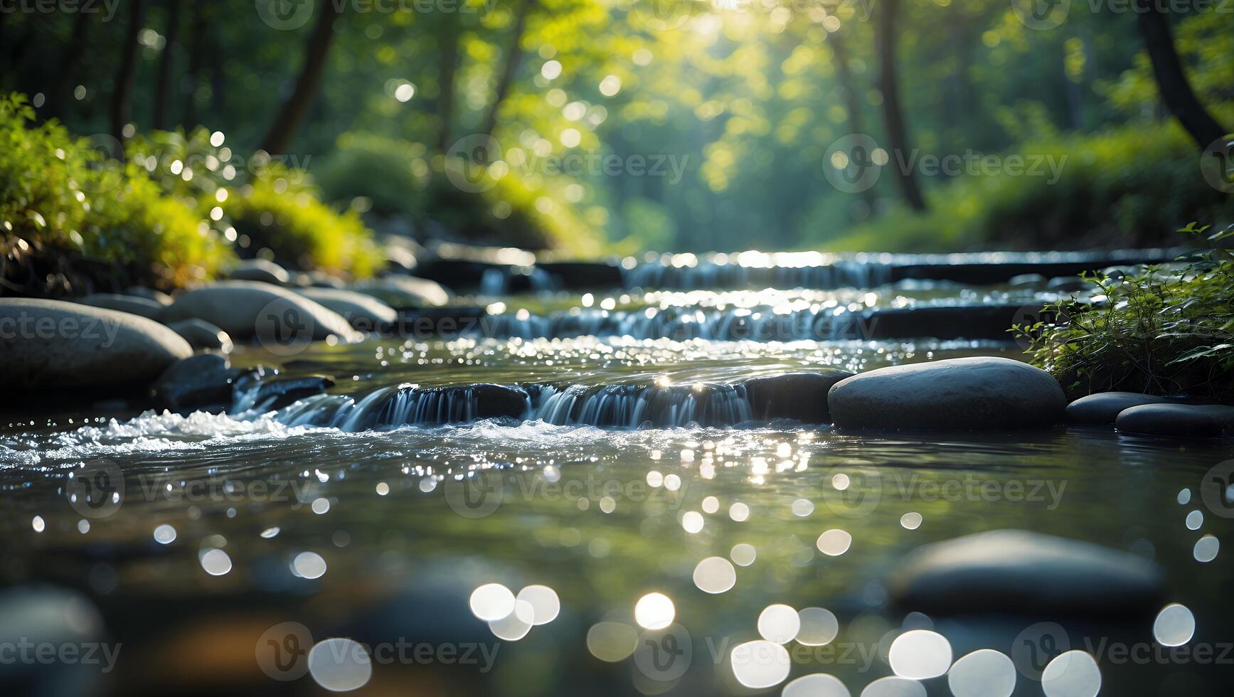 Flowing River with Sunlight Through Trees in Green Forest Scene photo