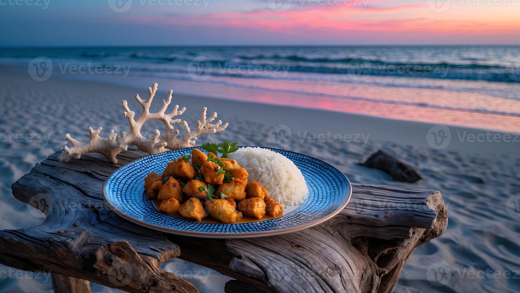 Chicken and Rice Meal on Plate at Serene Beach Sunset photo