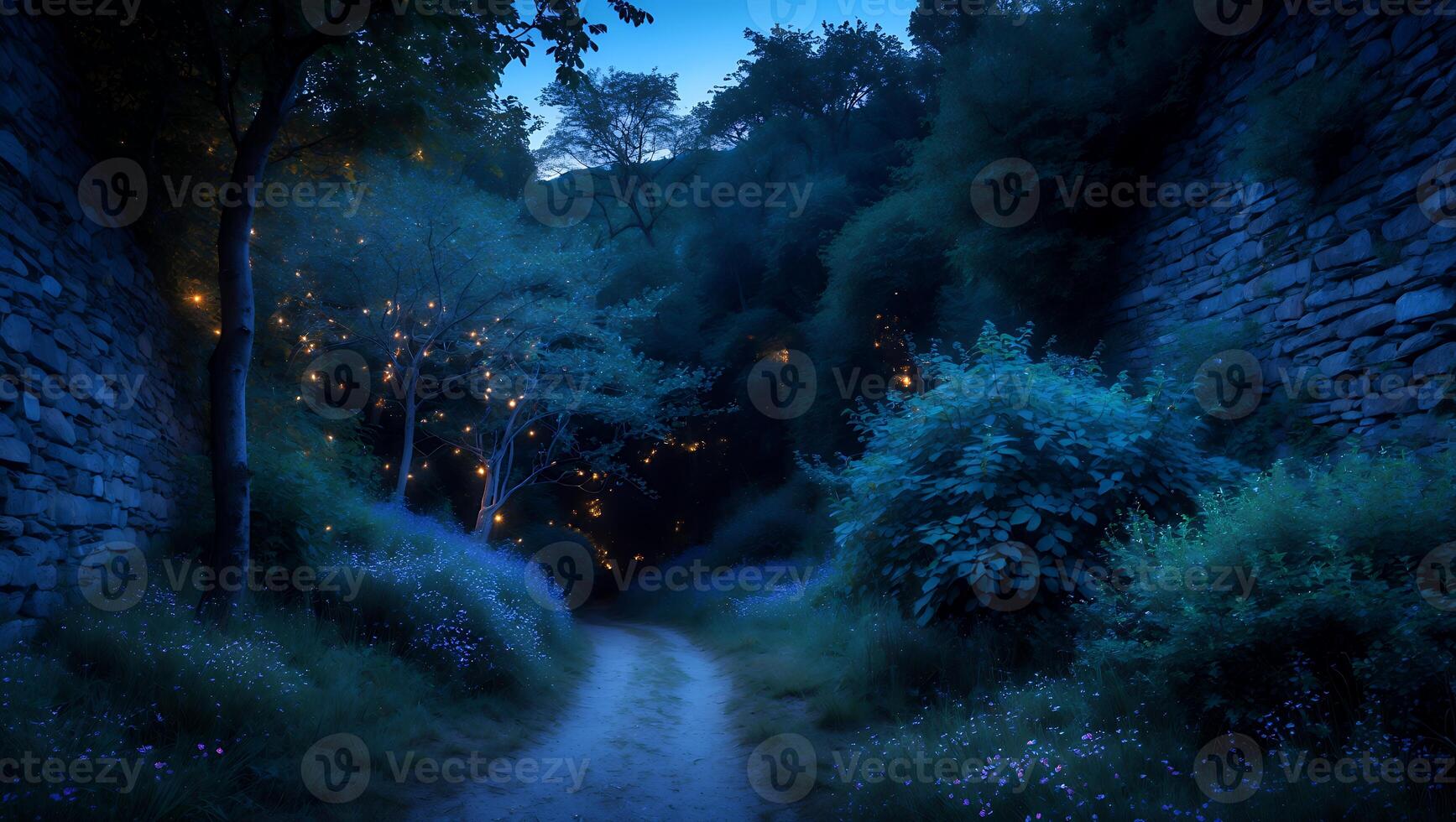 Walking on Evening Path Through Enchanted Forest with Fireflies photo