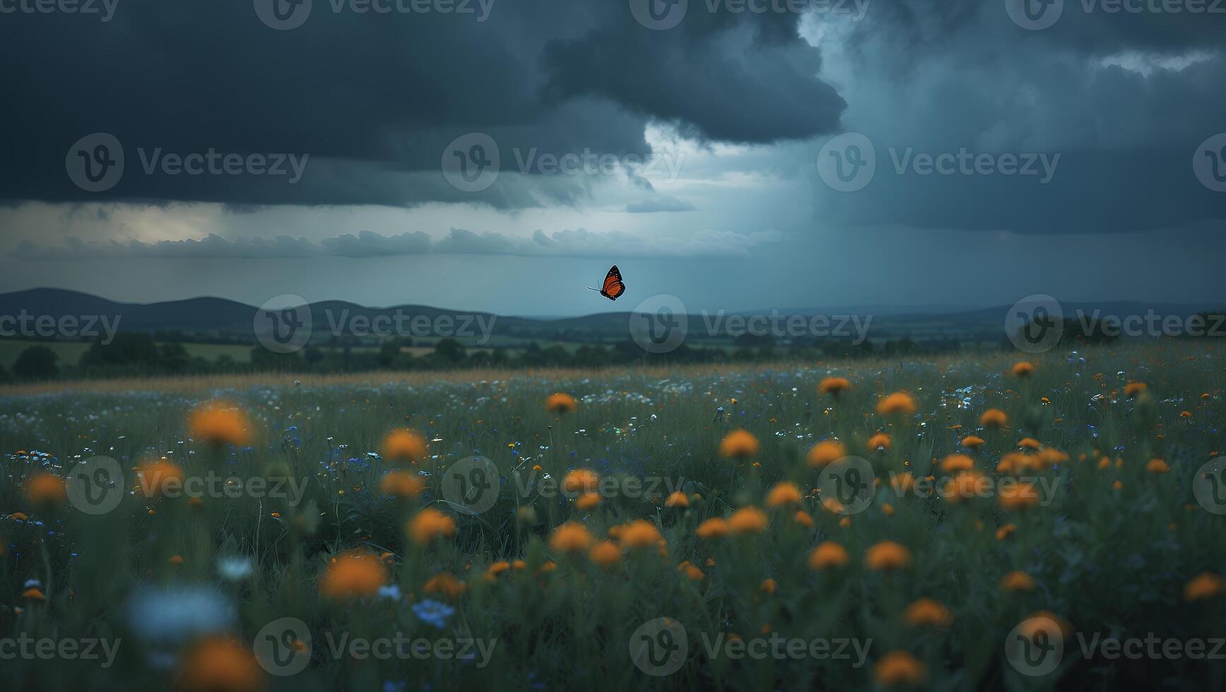 Butterfly Flying Over Meadow with Wildflowers Under Stormy Cloudy Sky photo